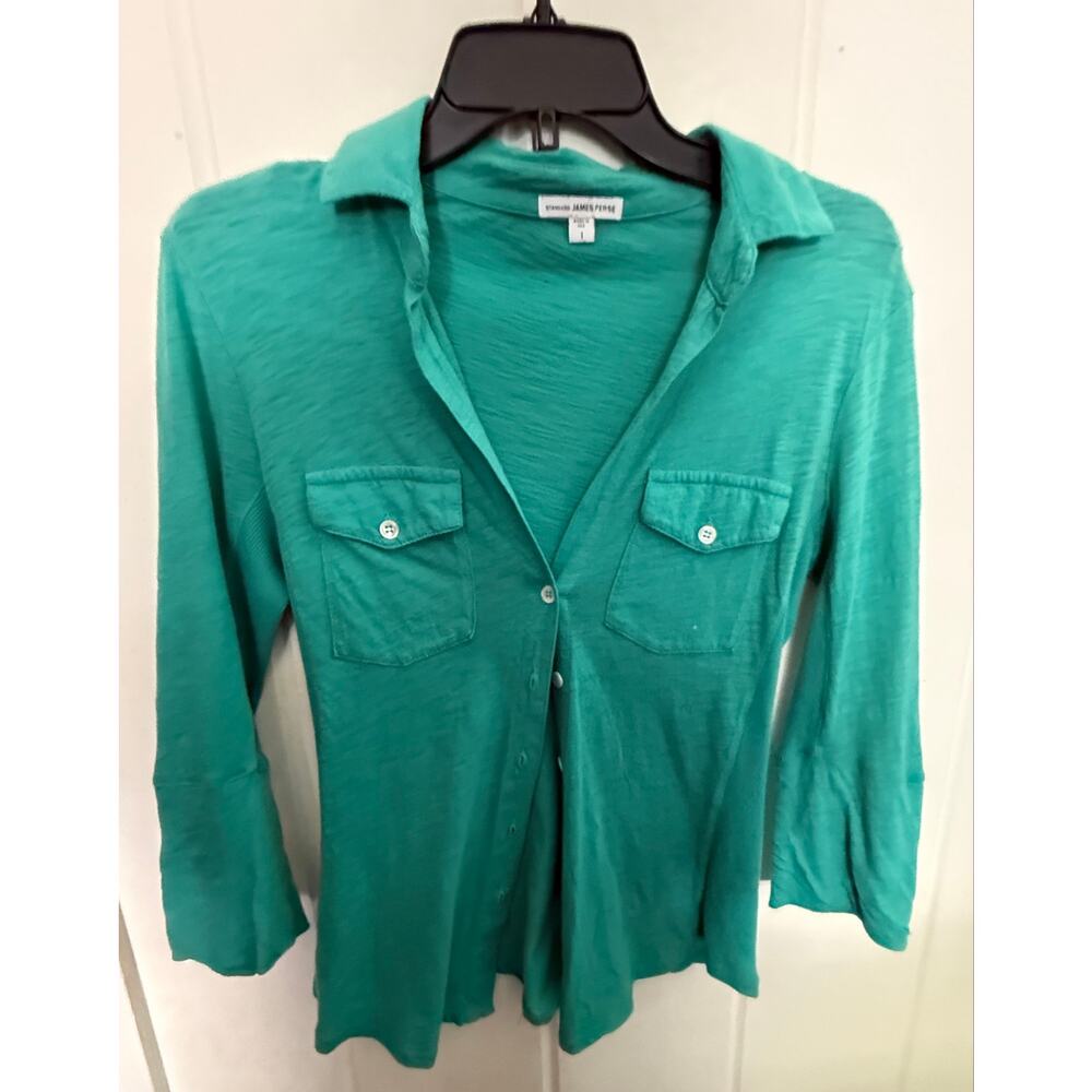 James Perse Standard Slub Cotton Button Down Shirt Teal 3/4 Sleeve Size 1